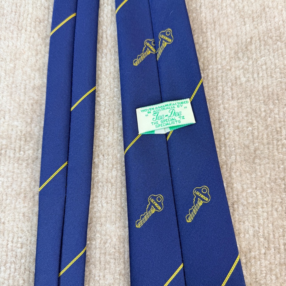Tee Dee Navy Blue Yellow Stripe Key Pattern Neck Tie Woven Australia Specialists - Picture 5 of 10
